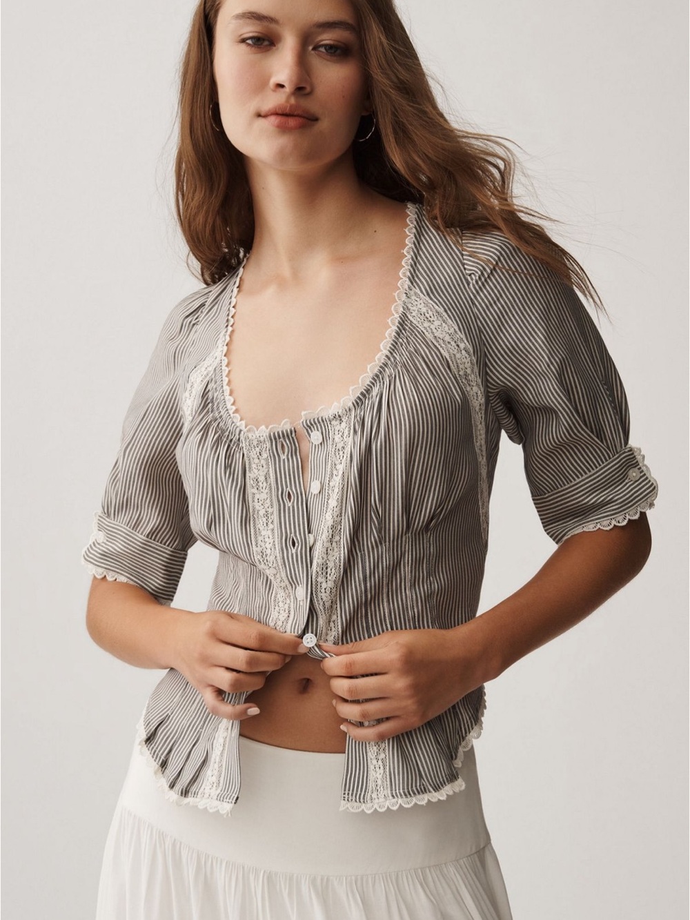 Anthropologie Short-Sleeve Pintuck Button-Front Blouse